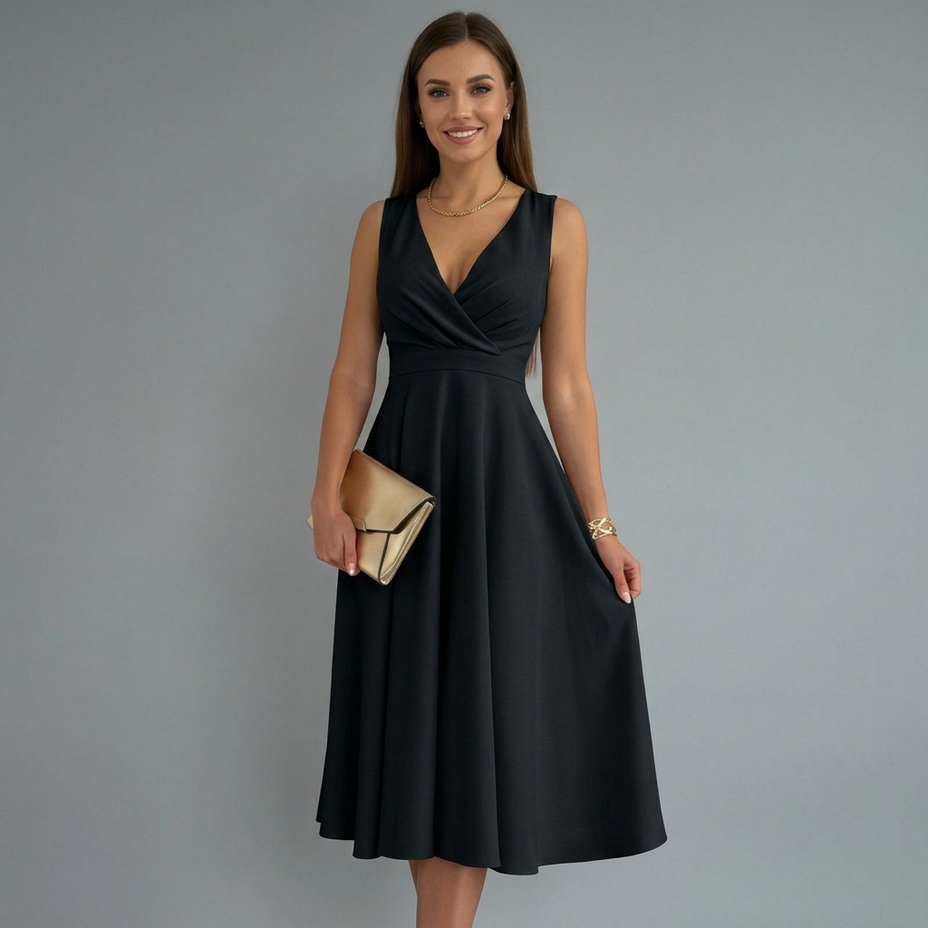 Women's Cocktail Dress | Midi V-Neck Sleeveless Back Zip