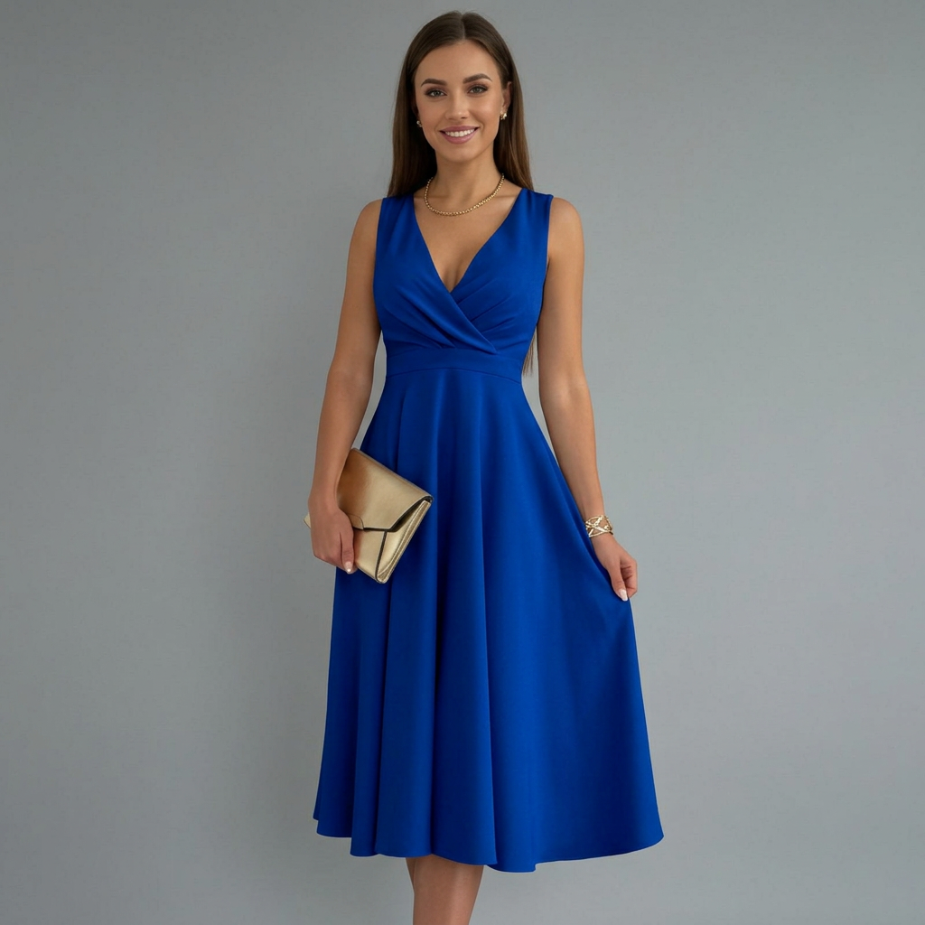 Women's Cocktail Dress | Midi V-Neck Sleeveless Back Zip