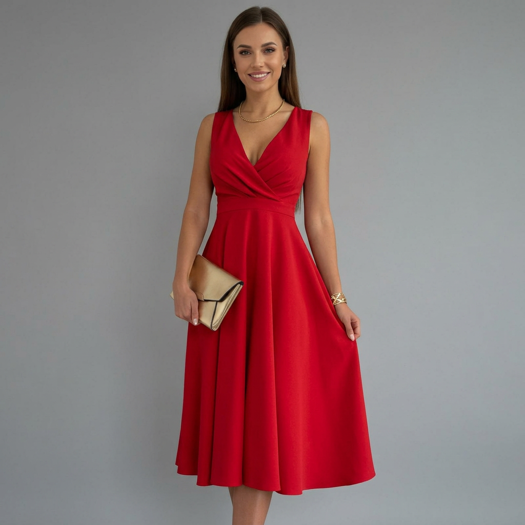 Women's Cocktail Dress | Midi V-Neck Sleeveless Back Zip