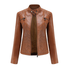 Women's Leather Jacket | Stand Collar Zip Closure Long Sleeve