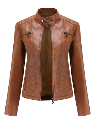 Women's Leather Jacket | Stand Collar Zip Closure Long Sleeve