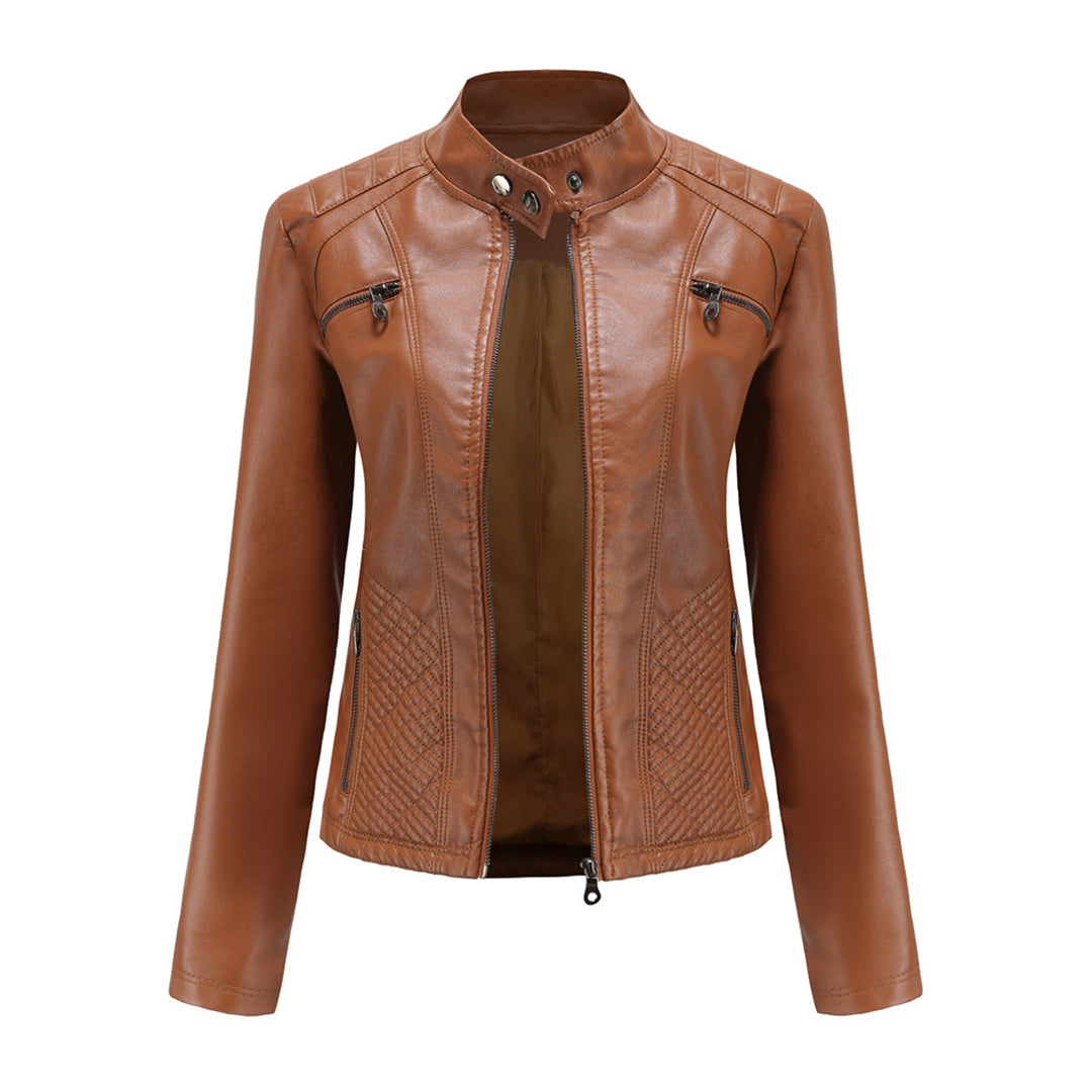 Women's Leather Jacket | Stand Collar Zip Closure Long Sleeve