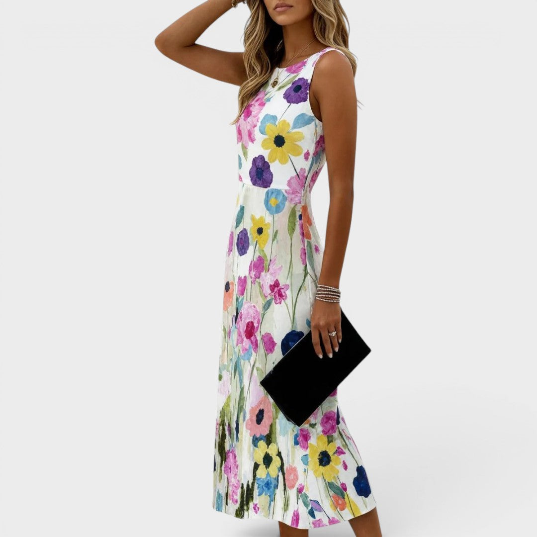 Women's Floral Midi Dress | Round Neckline Sleeveless A-Line
