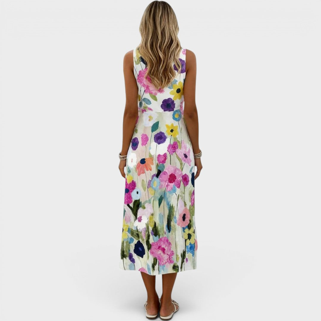 Women's Floral Midi Dress | Round Neckline Sleeveless A-Line