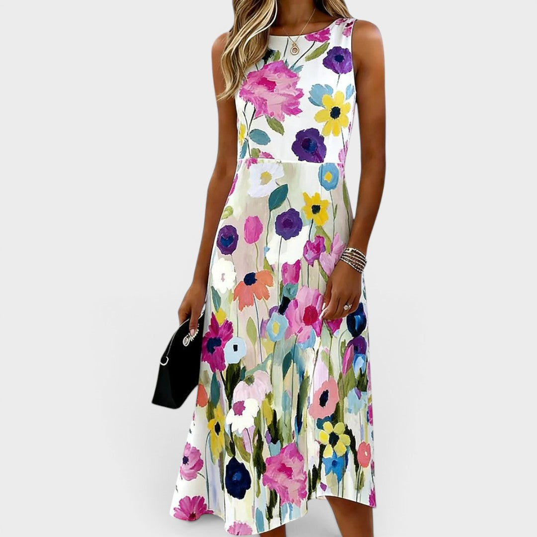 Women's Floral Midi Dress | Round Neckline Sleeveless A-Line