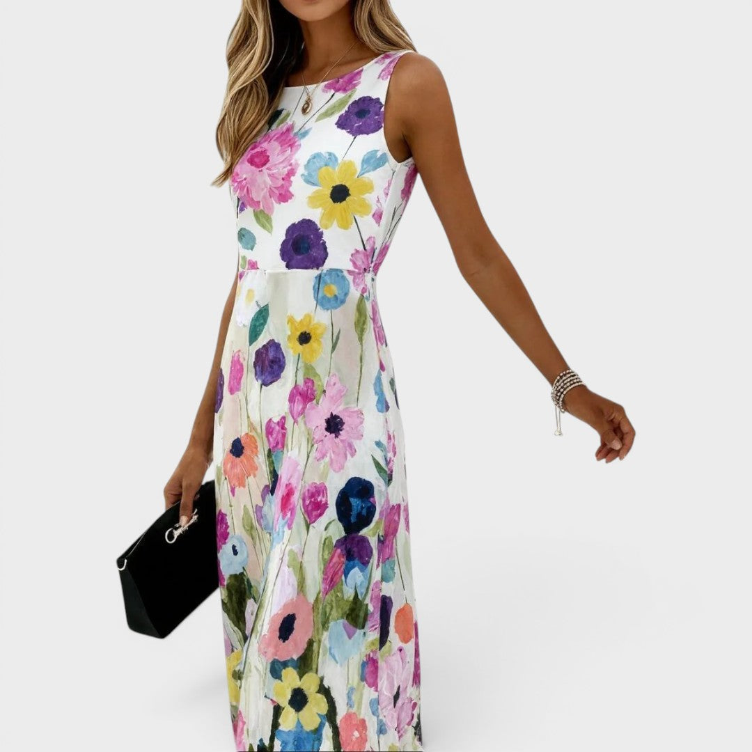 Women's Floral Midi Dress | Round Neckline Sleeveless A-Line