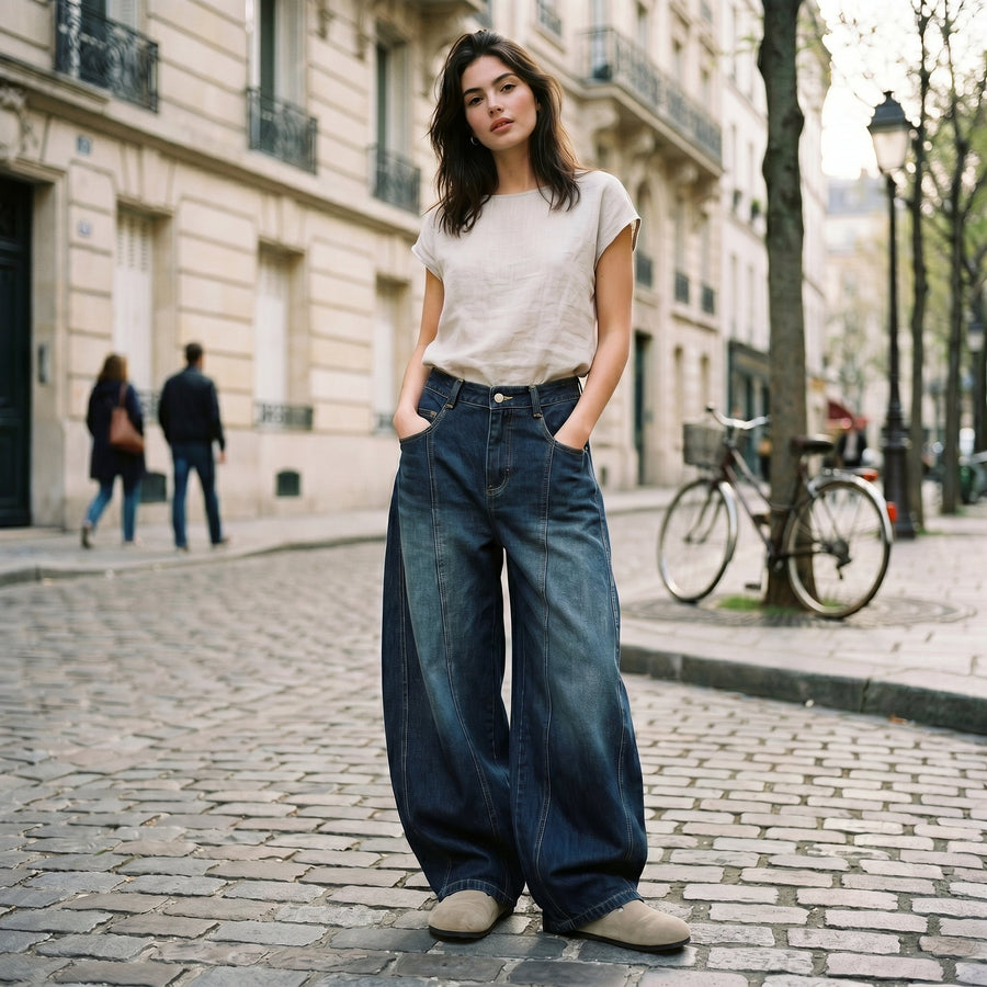 Women's Baggy Jeans | High-Rise Wide Leg Embroidered Patchwork Denim