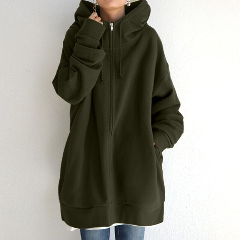 Back view of a women's oversized long sleeve hoodie, a cozy hooded sweatshirt for winter fashion & comfort wear.