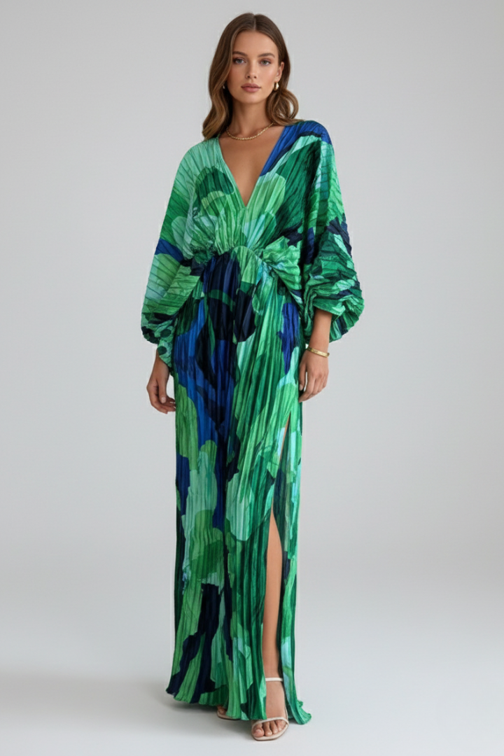 Women's Cocktail Dress | Maxi V-Neckline Pleated Loose Sleeve
