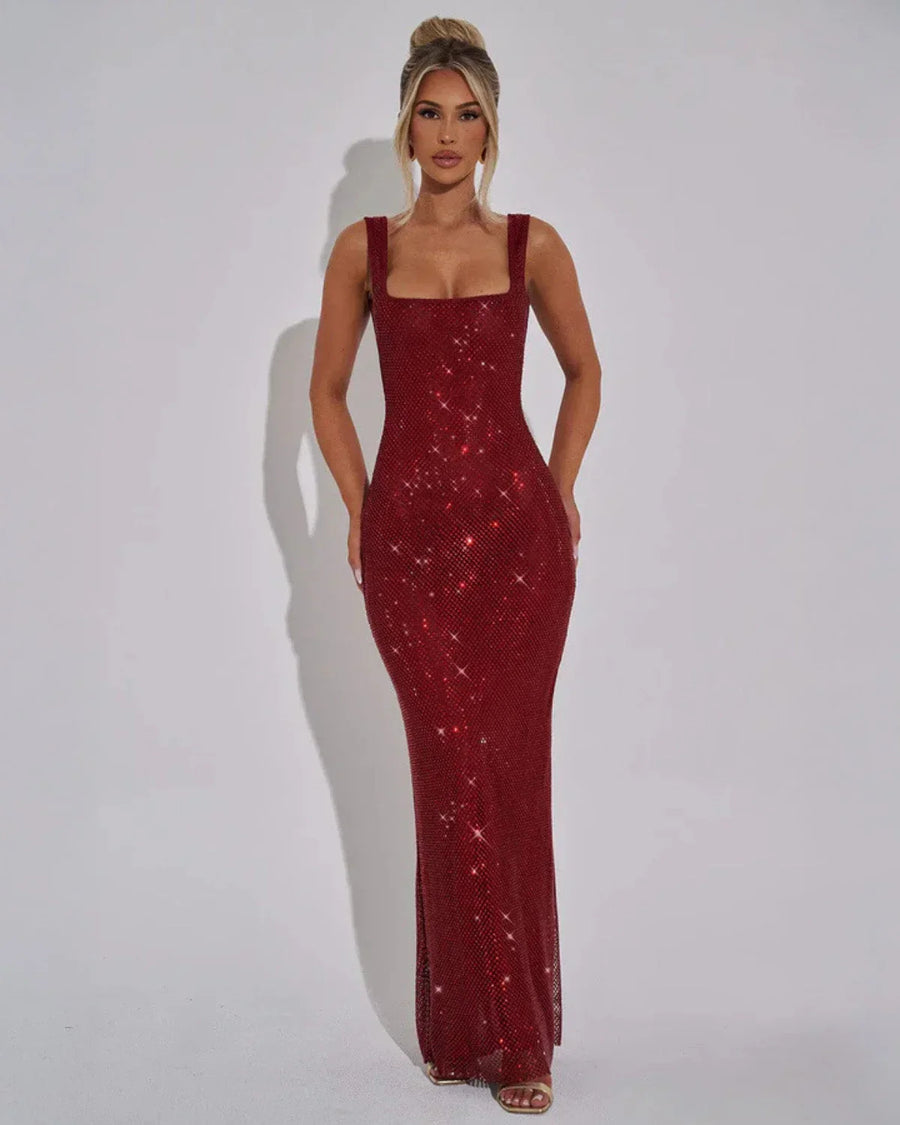 Women's Christmas Dress | Square Neckline Sleeveless Maxi Sequin