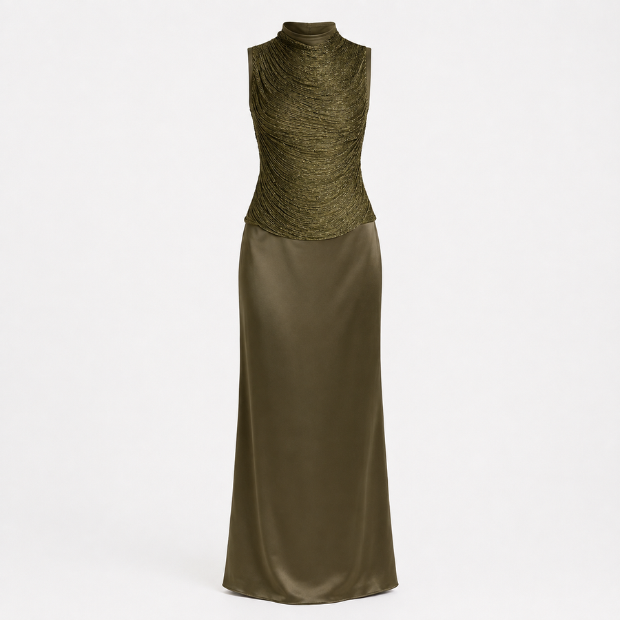 Women's Two Piece Skirt And Top | Mock Neck Sleeveless Ruched Knit
