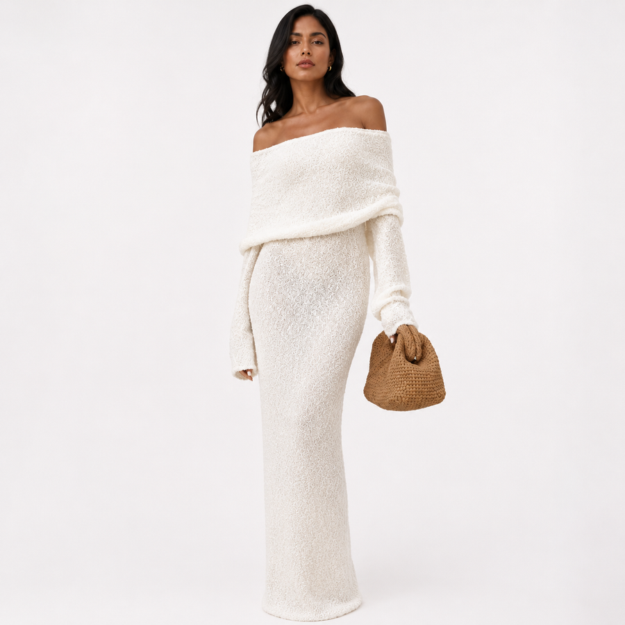 Women's Work Xmas Party Dress | Maxi Off-Shoulder Knit Long Sleeves