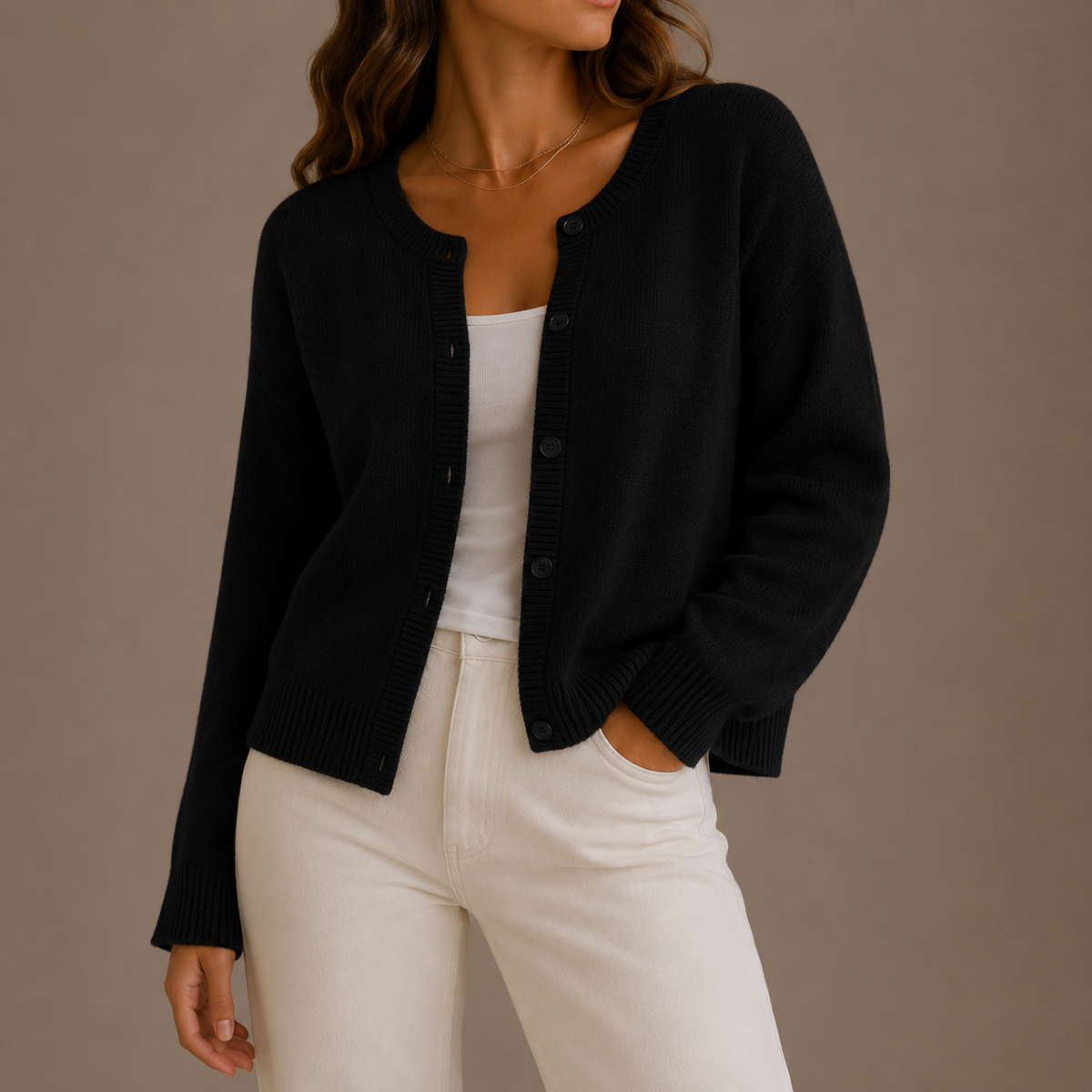 Women's Knit Sweater | Round Neck Button-Up Long Sleeve