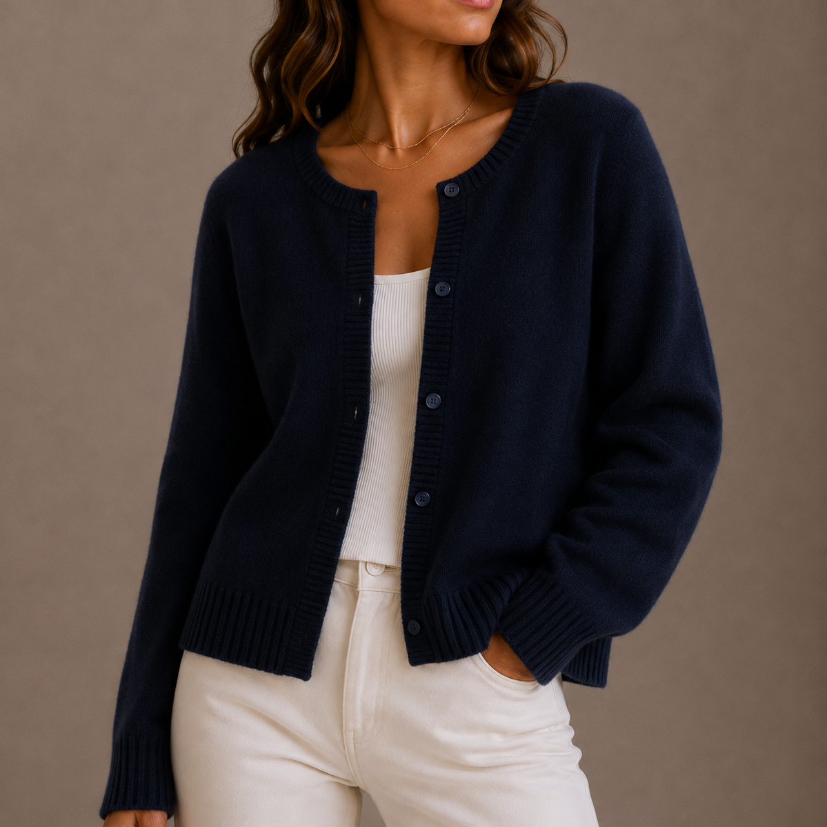 Women's Knit Sweater | Round Neck Button-Up Long Sleeve