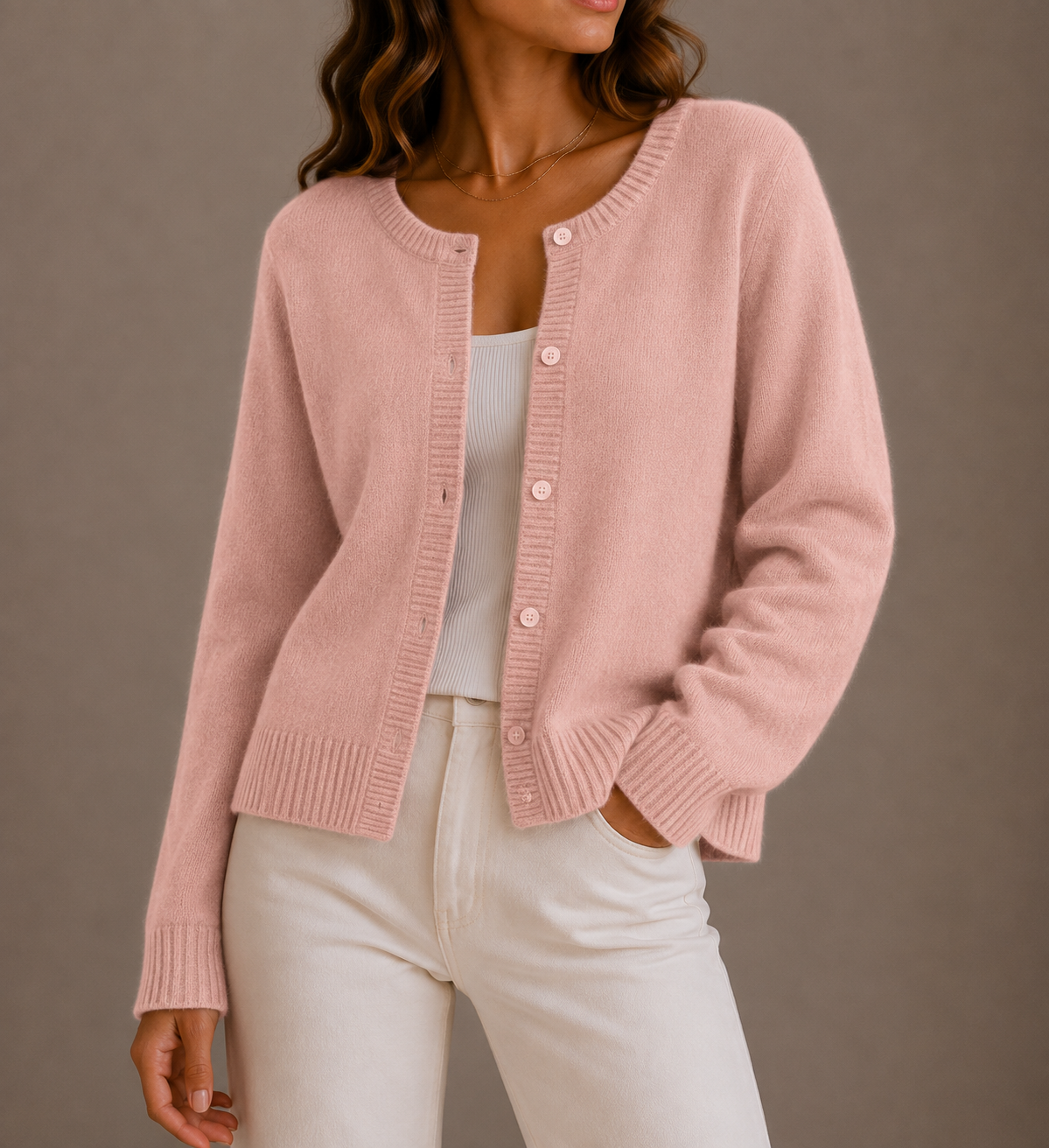 Women's Knit Sweater | Round Neck Button-Up Long Sleeve