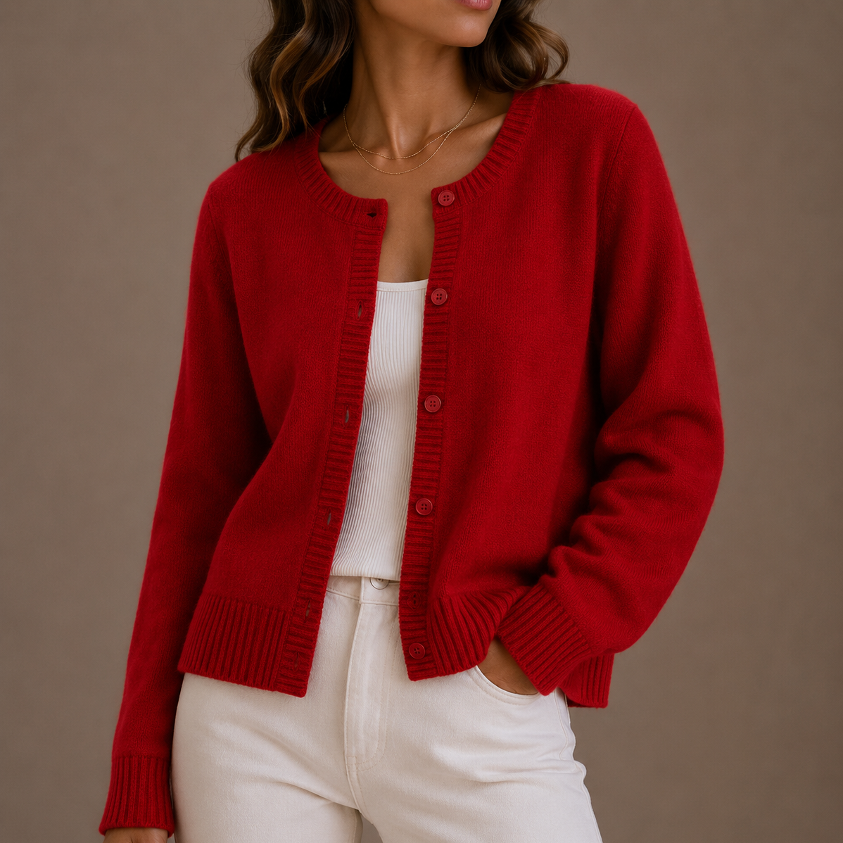 Women's Knit Sweater | Round Neck Button-Up Long Sleeve