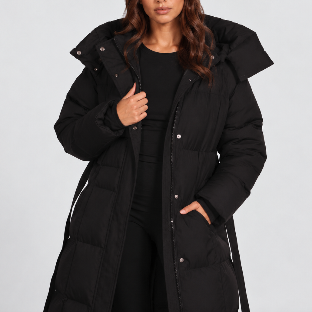 Women's Puffer Jacket | Maxi Hooded Belted Quilted