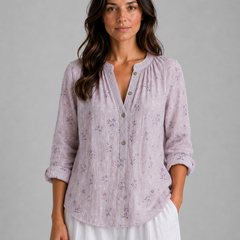 Women's Long Sleeve Top | V-Neck Button Front Relaxed Fit
