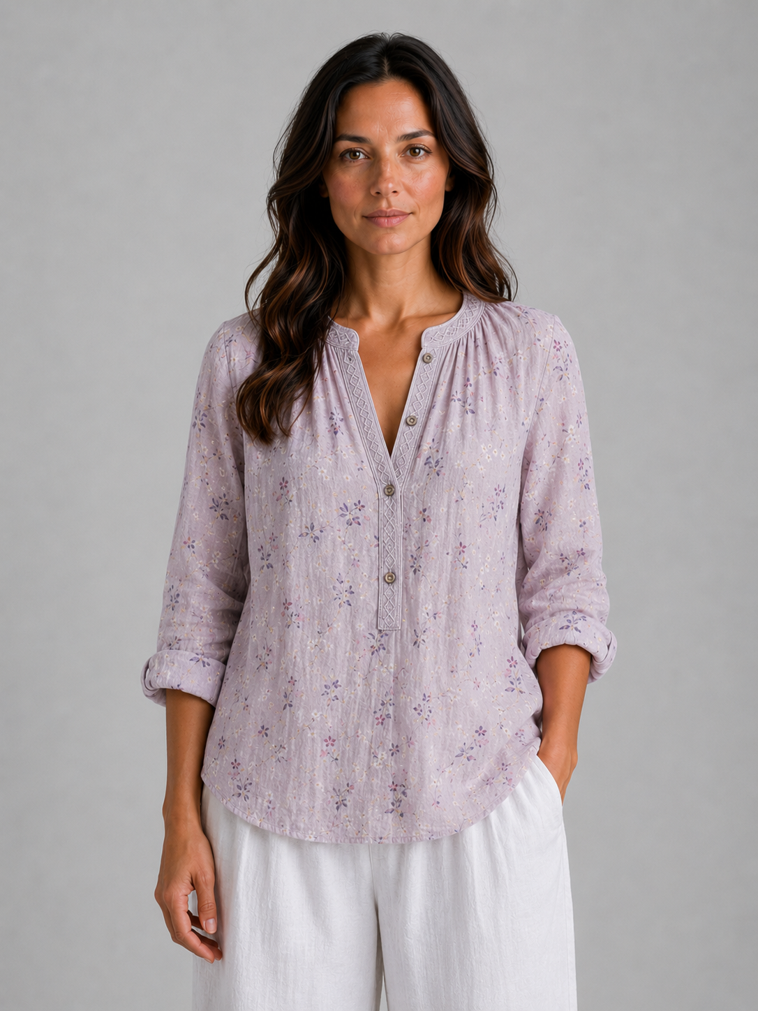Women's Long Sleeve Top | V-Neck Button Front Relaxed Fit
