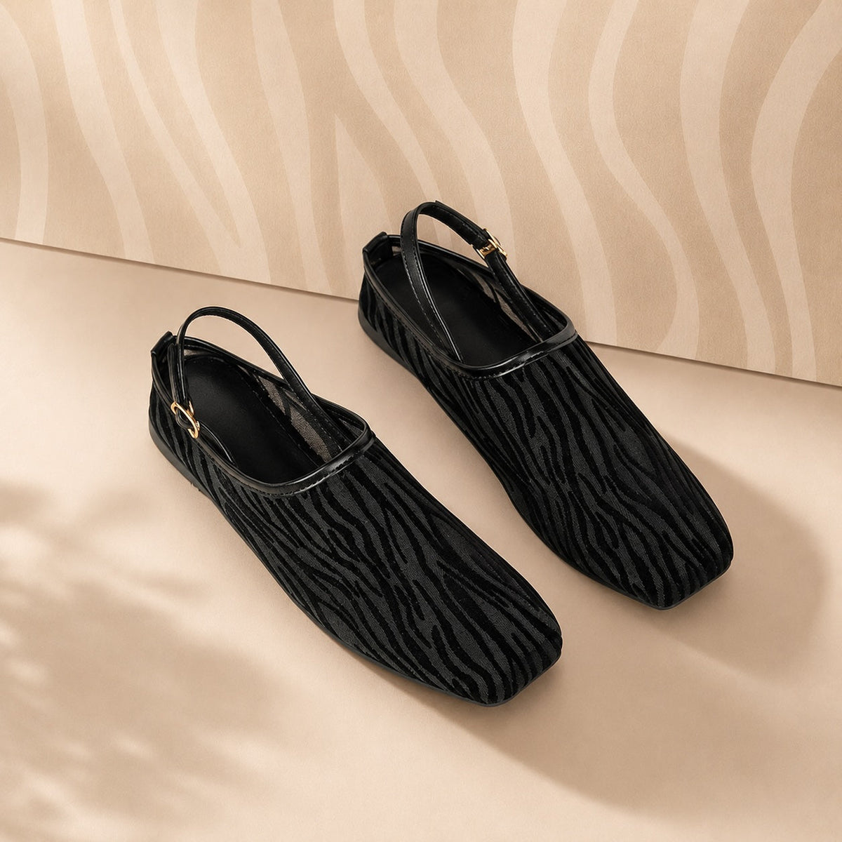 Women's Mesh Ballet Flats | Zebra Print Square Toe Slingback