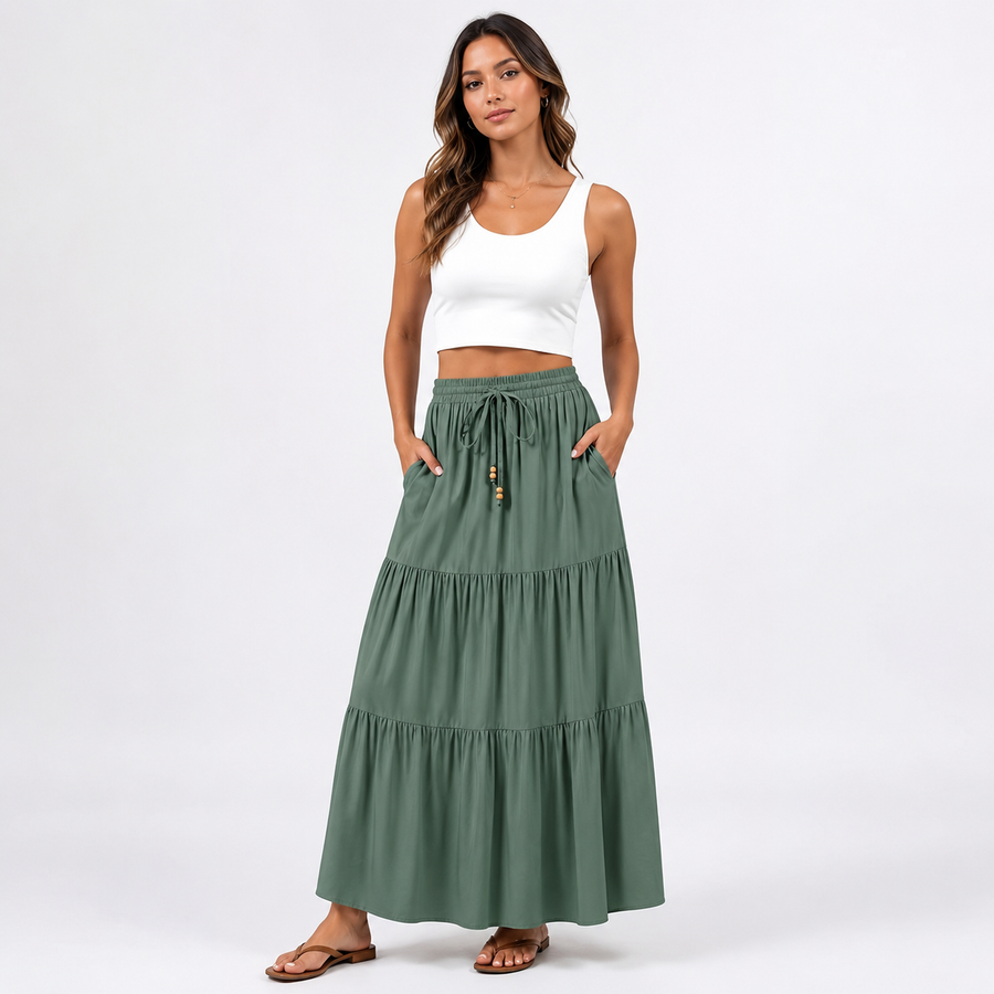 Women's Maxi Skirt | Tiered Drawstring Relaxed Fit