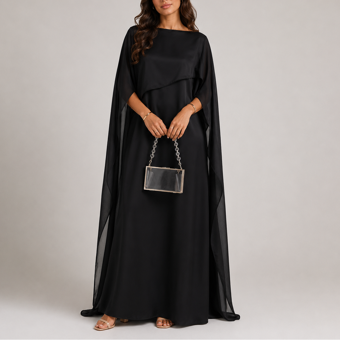 Women's Holiday Dress | Maxi Draped Cape Neckline Floor Length
