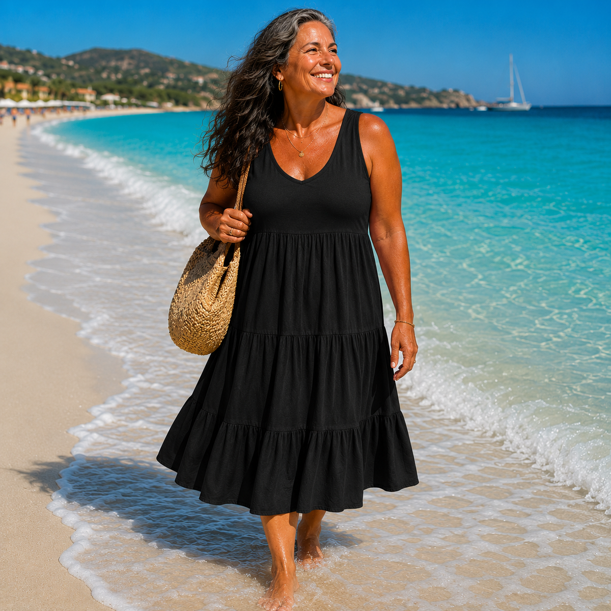 Women's Green Sundress | Midi Length Tiered Scoop Neck Sleeveless
