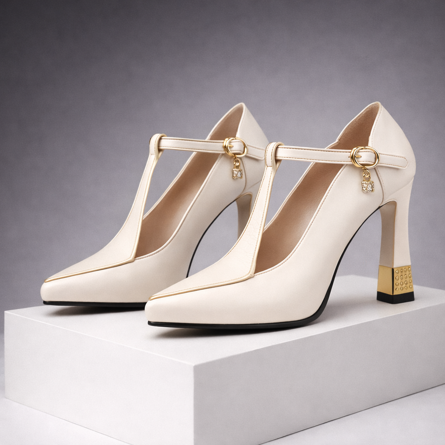 Women's White Heels | T-Strap Pointed Toe Block Heel Leather