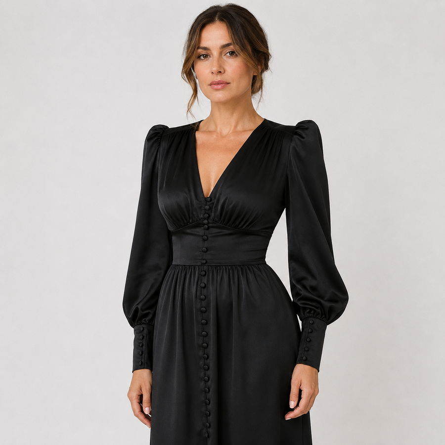 Women's Mother Of The Bride Dress | Midi V-Neck Puff Sleeve Button Front