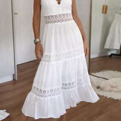 Women's Lace Dress | V-Neck Sleeveless Midi Lace Trim