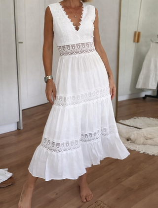 Women's Lace Dress | V-Neck Sleeveless Midi Lace Trim