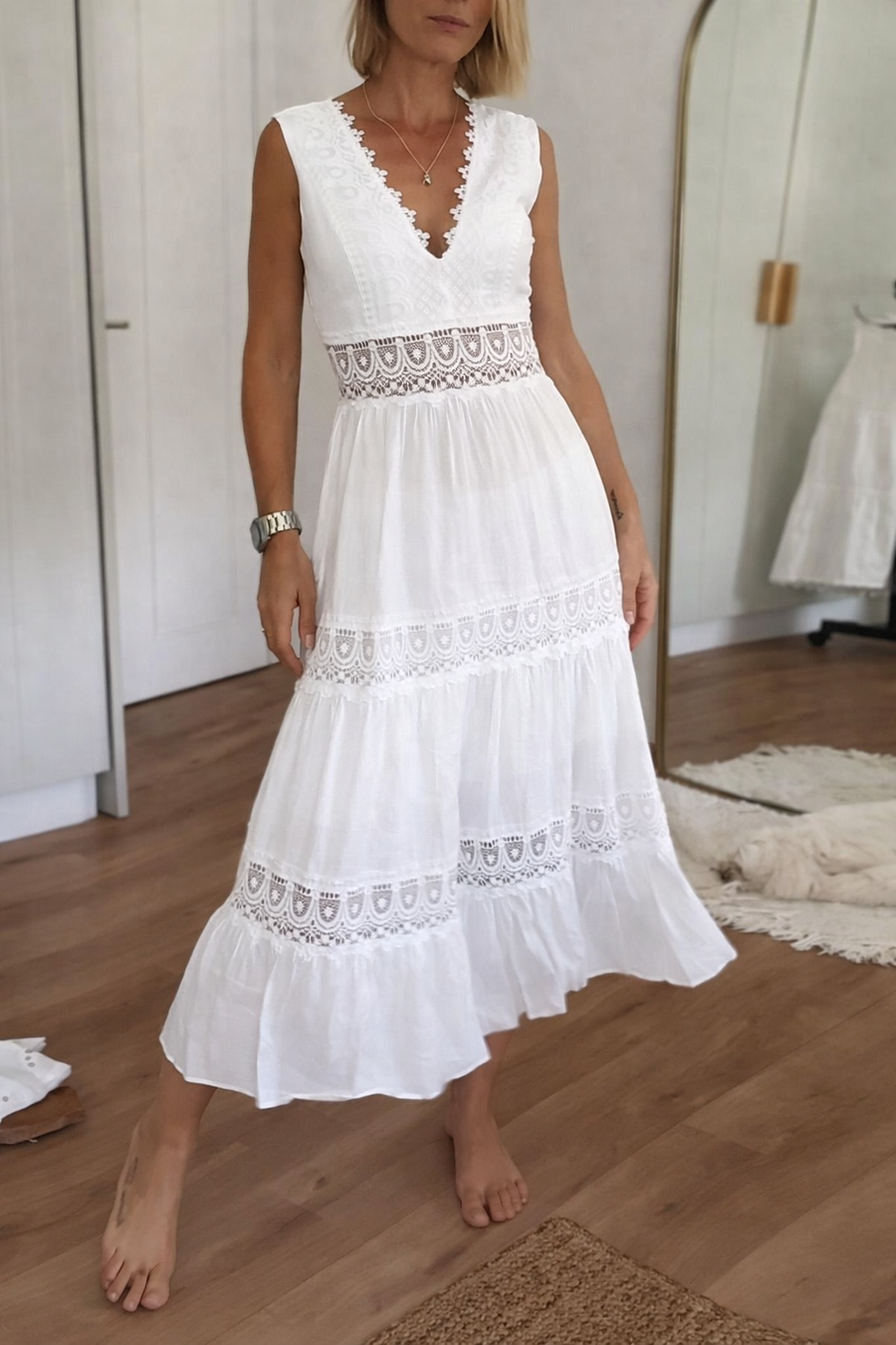 Women's Lace Dress | V-Neck Sleeveless Midi Lace Trim