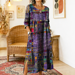 Women's Denim Dress | Midi Length Round Neckline Patchwork Print