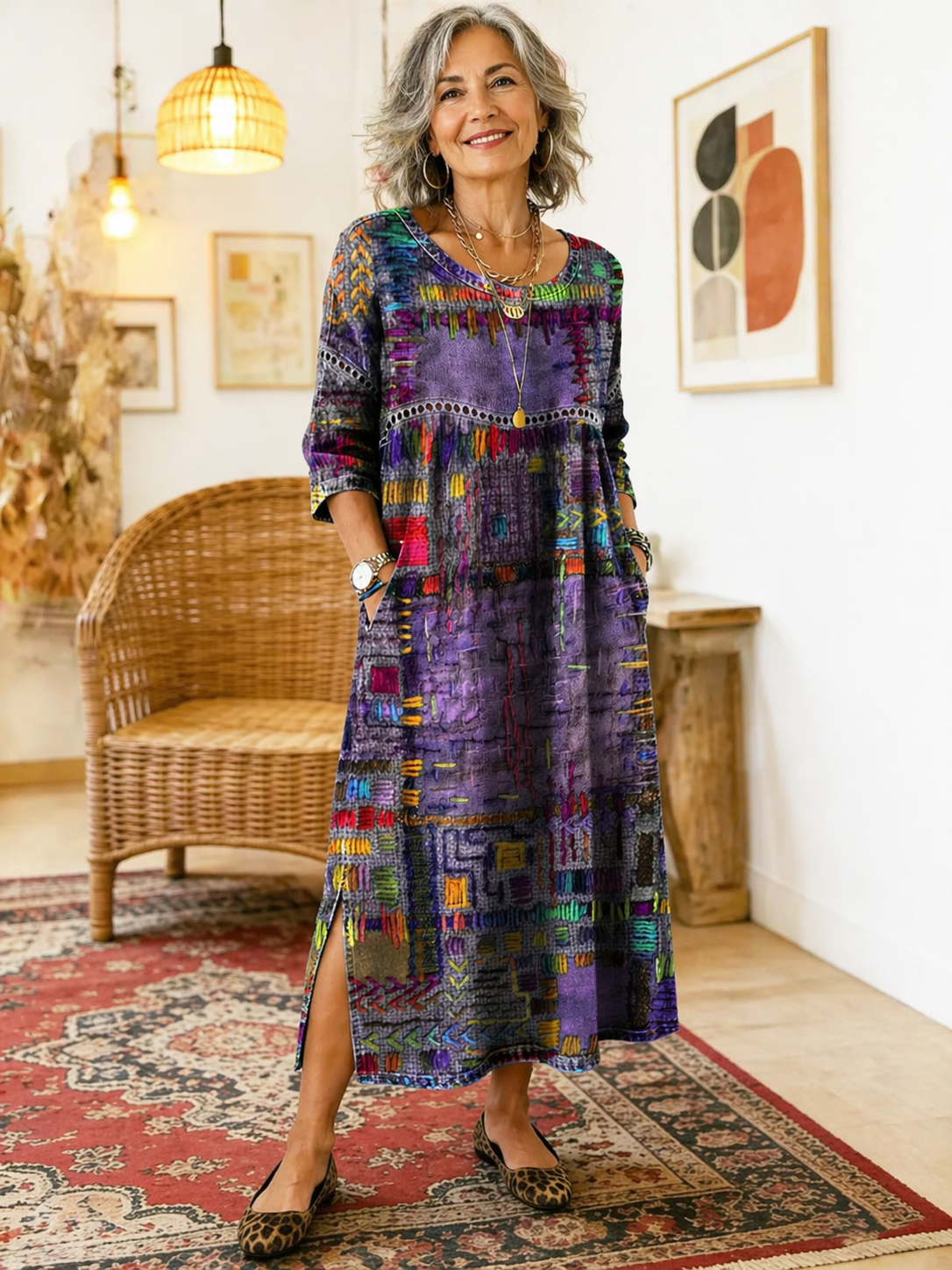 Women's Denim Dress | Midi Length Round Neckline Patchwork Print