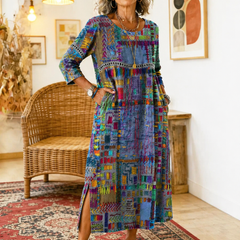 Women's Denim Dress | Midi Length Round Neckline Patchwork Print
