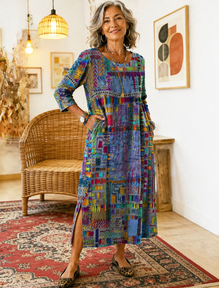 Women's Denim Dress | Midi Length Round Neckline Patchwork Print