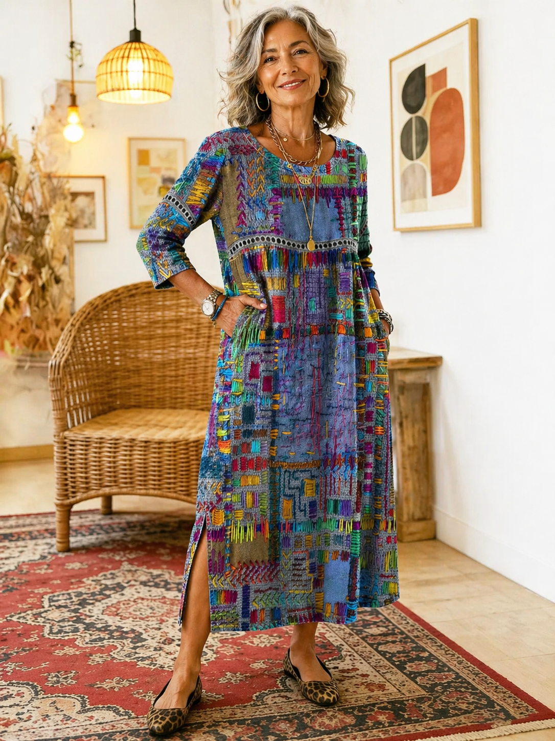 Women's Denim Dress | Midi Length Round Neckline Patchwork Print