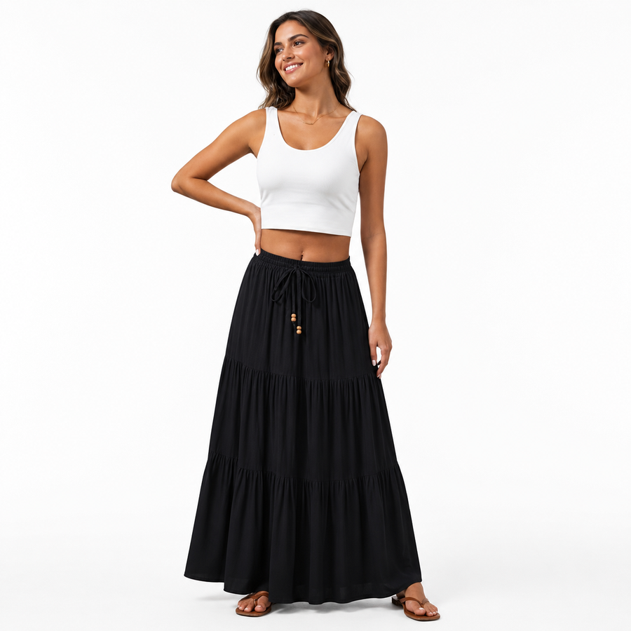 Women's Maxi Skirt | Tiered Drawstring Relaxed Fit