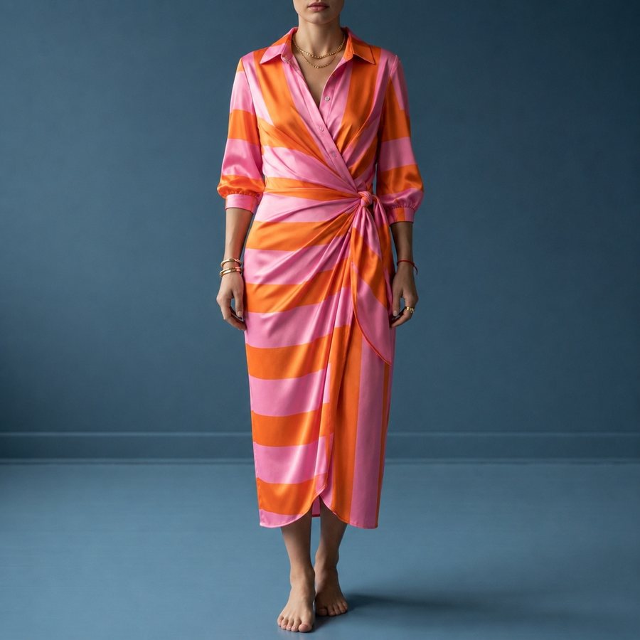 Women's Wrap Dress | Midi Collar Geometric Print Satin