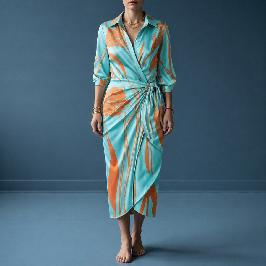 Women's Wrap Dress | Midi Collar Geometric Print Satin