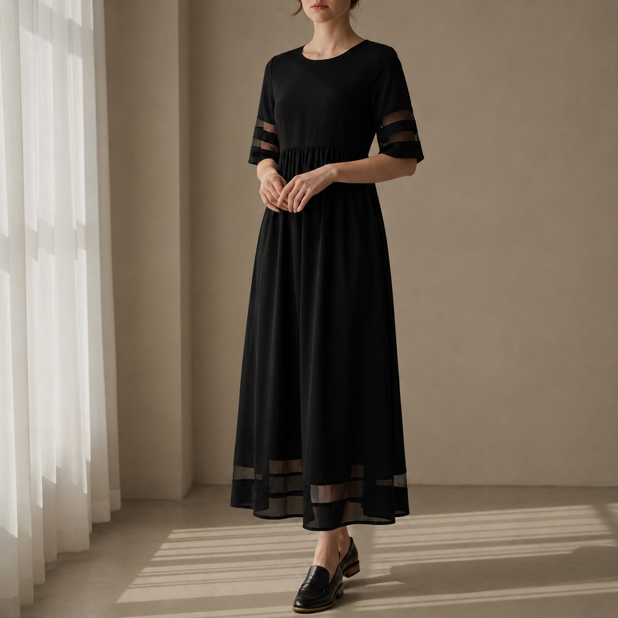 Women's Maxi Dress | Mesh Panel Half Sleeve Crew Neck