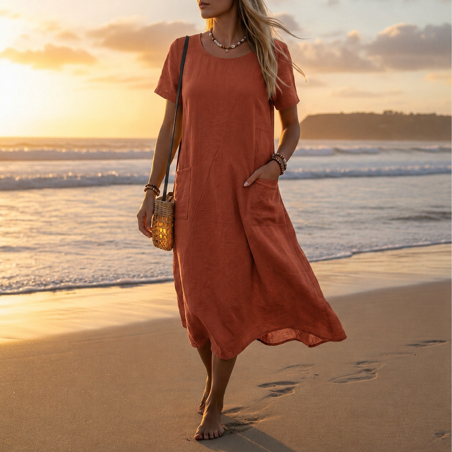Women's Summer Dress | Midi Length Short Sleeve Pocket