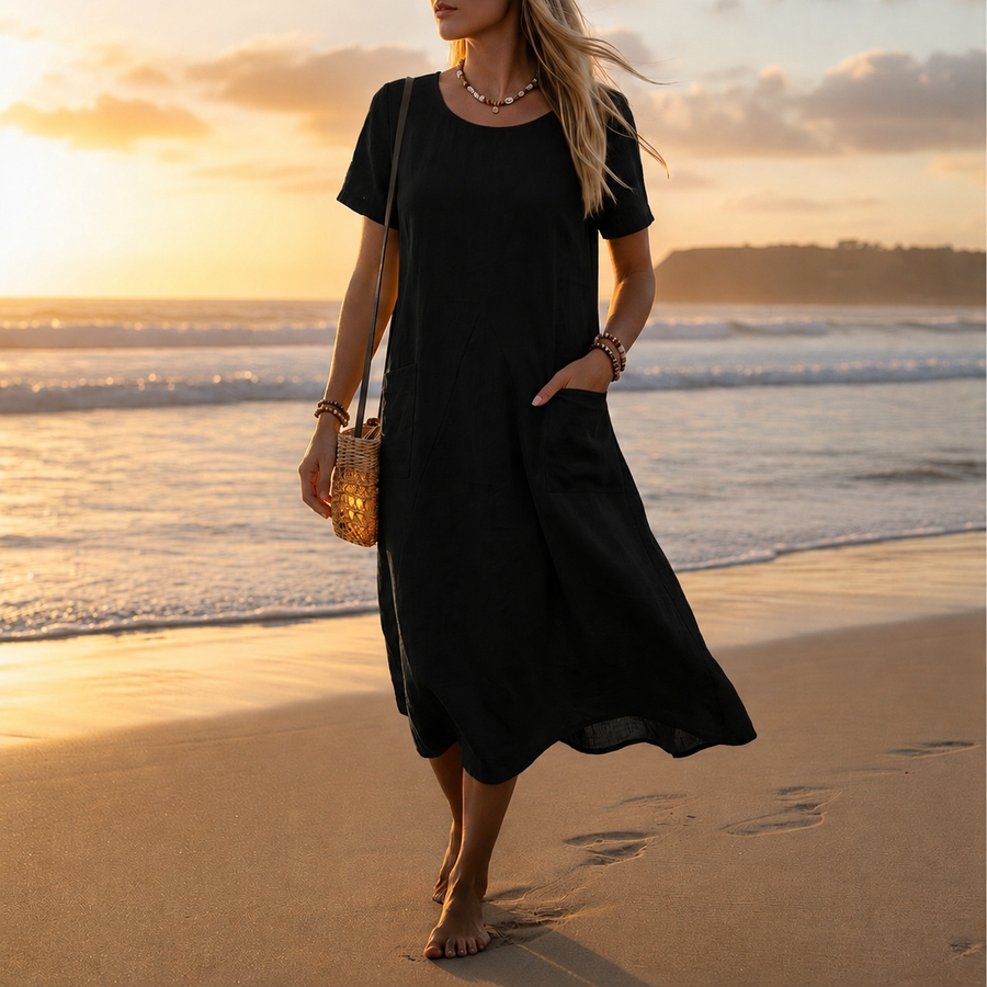 Women's Summer Dress | Midi Length Short Sleeve Pocket