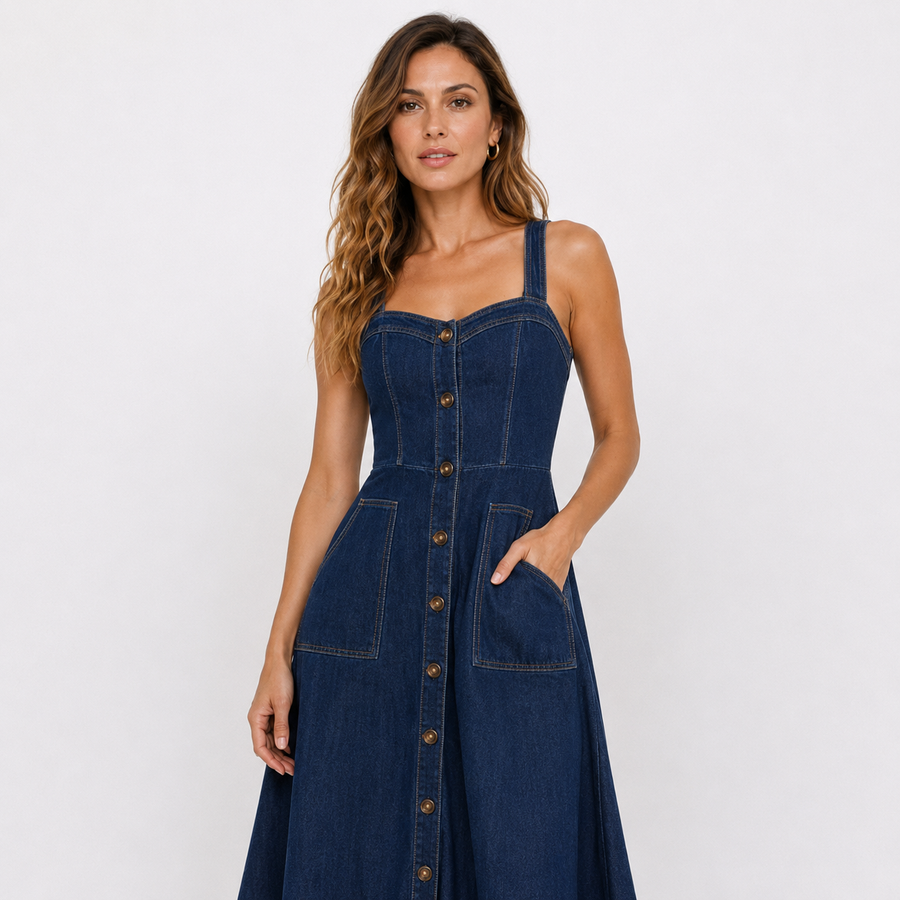 Women's Denim Dress | Midi Sweetheart Button-Front