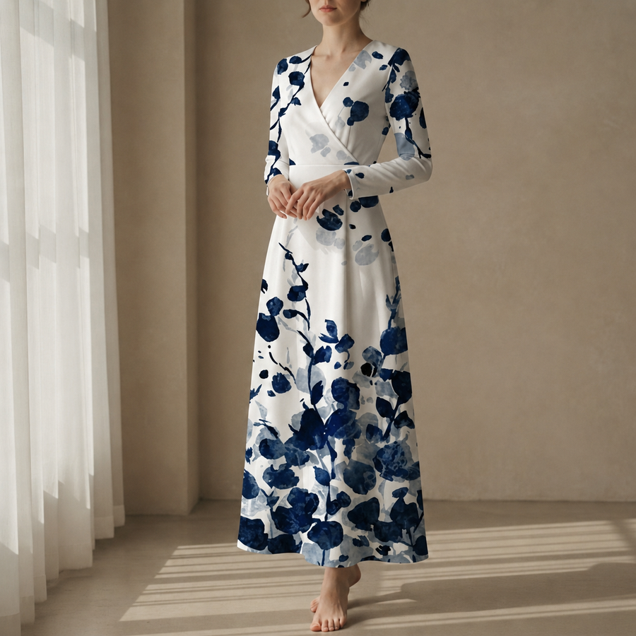 Women's Maxi Dress | Wrap Neckline V-Neck Three-Quarter Sleeve Floral Print