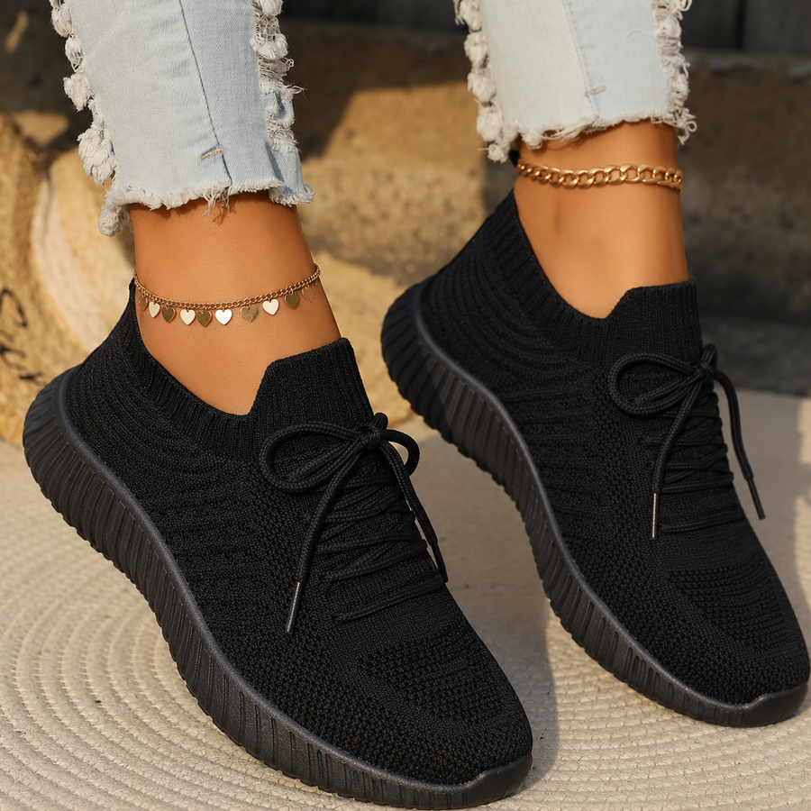 Women's White Sneakers | Knit Lace-Up Rounded Toe Lightweight