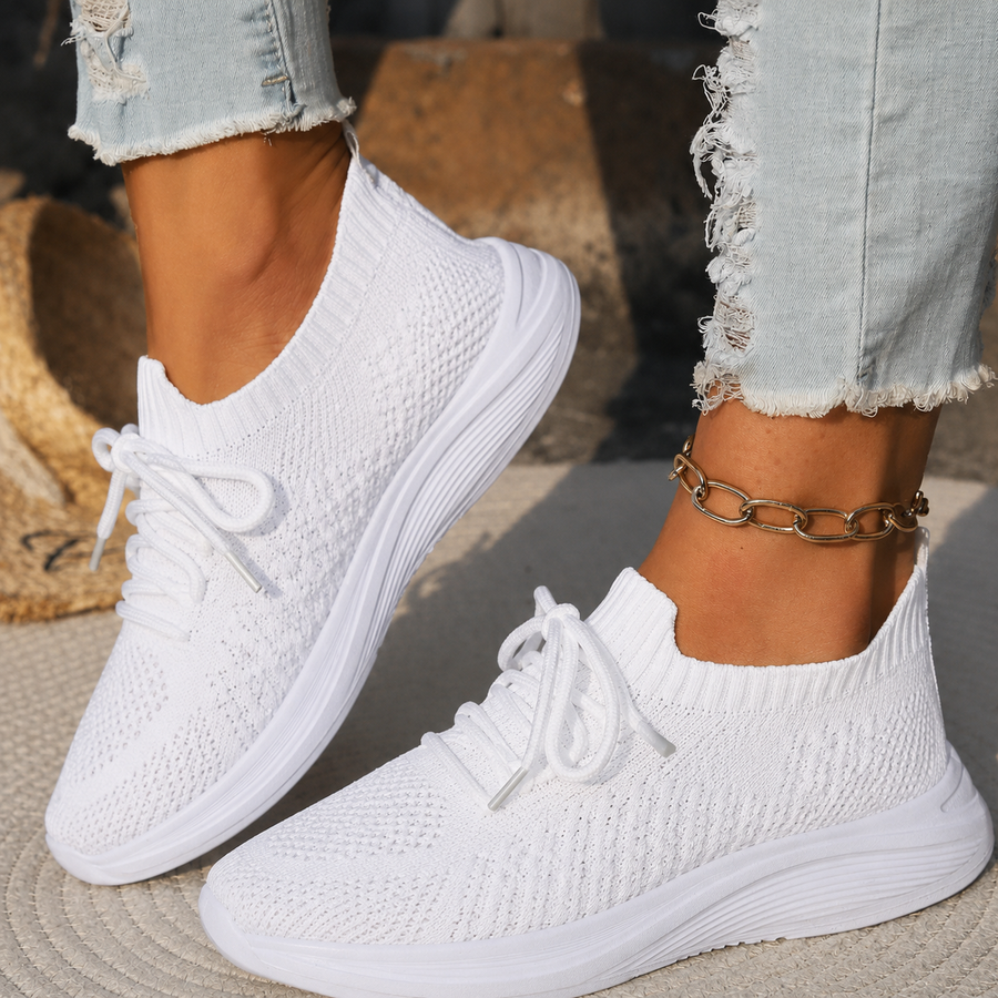 Women's White Sneakers | Knit Lace-Up Rounded Toe Lightweight