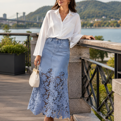 Women's Denim Skirt | Maxi Length High Waist Lace Hem