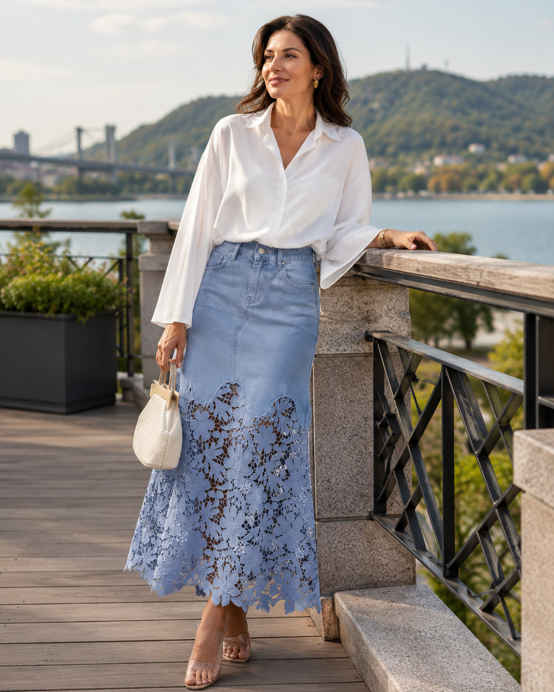Women's Denim Skirt | Maxi Length High Waist Lace Hem