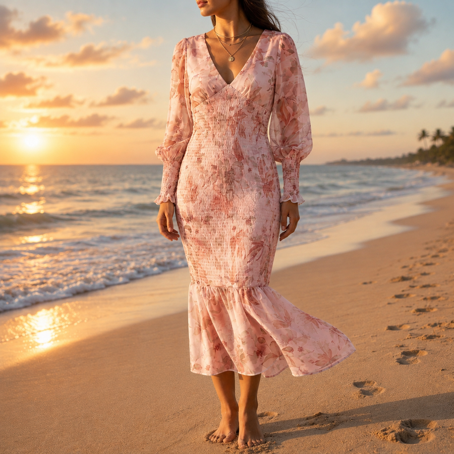 Women's Puff Sleeve Dress | Midi Length V-Neck Floral Print